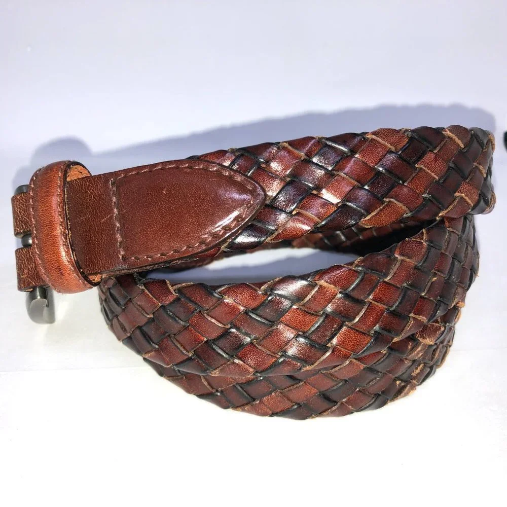 Brown Black 2-tone Leather Belt Weave Pattern Metal Buckle‎ 38/95